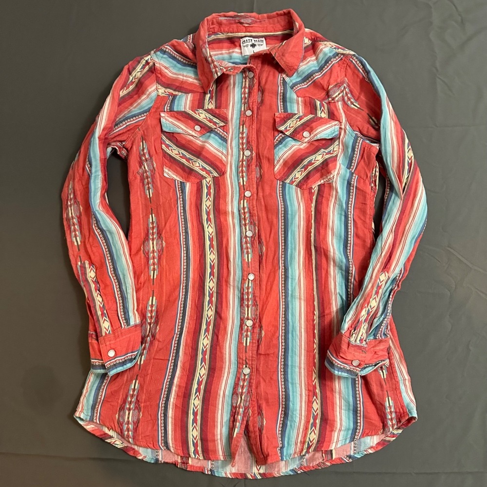 Crazy Train Shirt Mens Large‎ Red Multi Color Western Aztec Pearl Snaps Cowboy